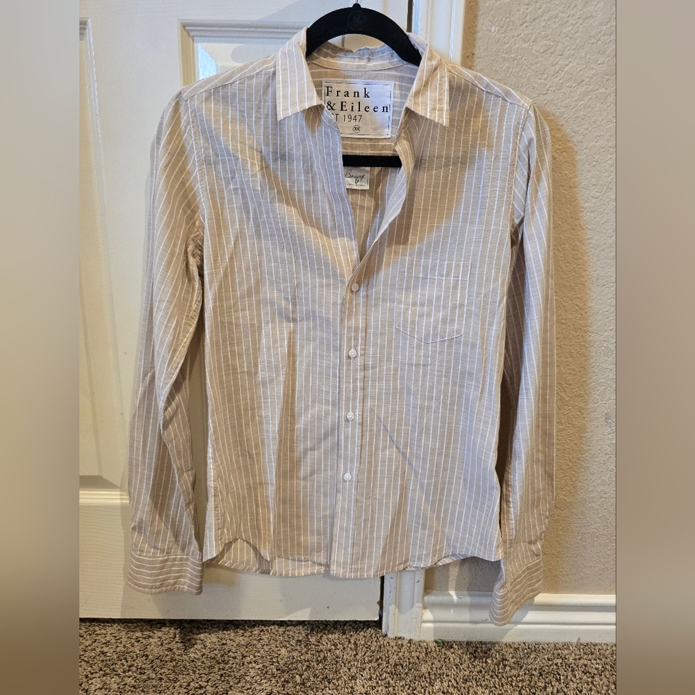FRANK & EILEEN "Barry" cream Stripe Cotton/linen Button Up Shirt xs